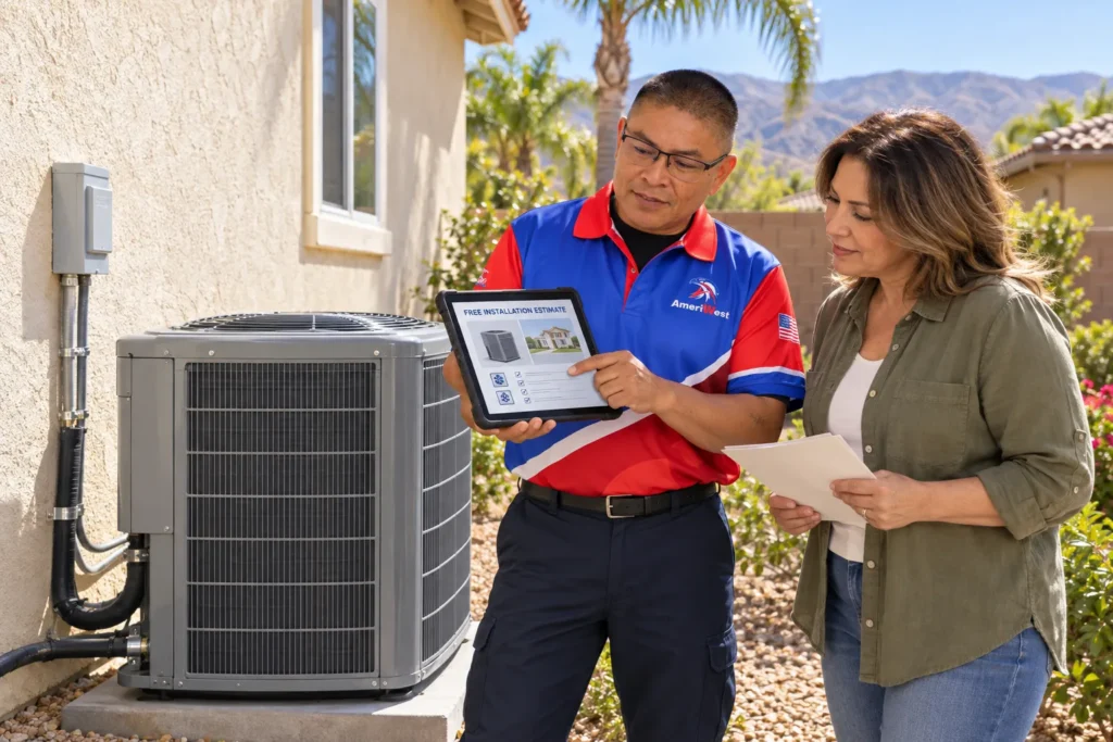 AmeriWest technician provides a free AC installation estimate to a Riverside County homeowner.