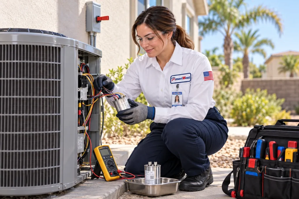AmeriWest HVAC technician diagnosing and repairing a malfunctioning outdoor air conditioning unit in Riverside County.