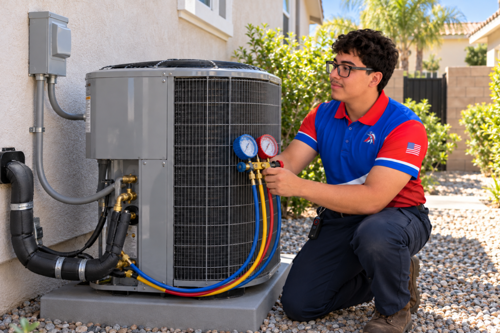 AmeriWest technician testing a residential AC condenser during installation and repair service.