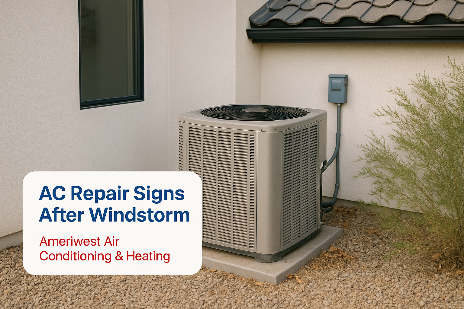 Dusty outdoor air conditioner beside a modern white stucco house with dark window frames for AC repair in Beaumont