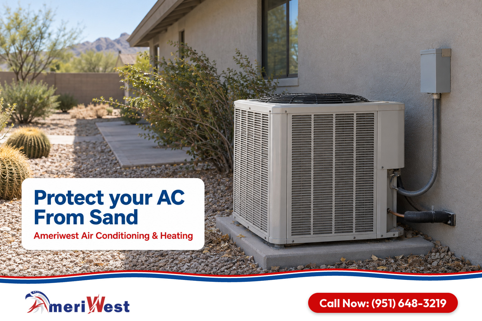 Dusty outdoor air conditioner beside a mid century style home with gravel landscaping for AC repair in Desert Hot Springs