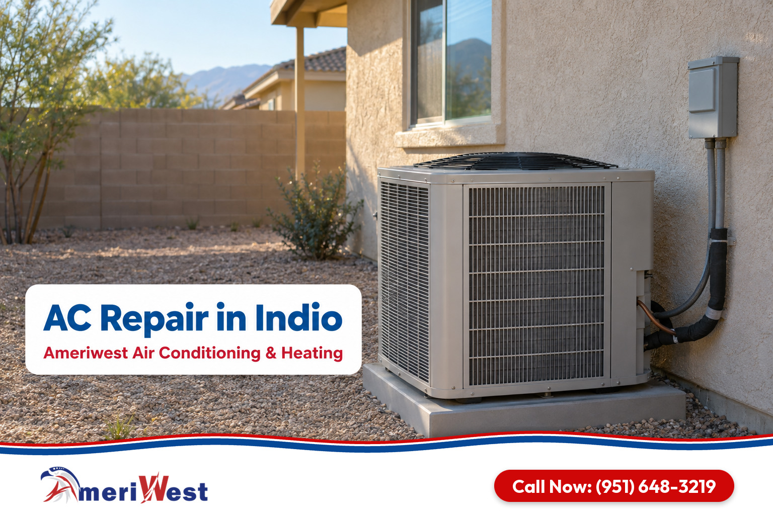 Outdoor air conditioner against a sand colored stucco wall in a desert neighborhood for AC repair in Indio