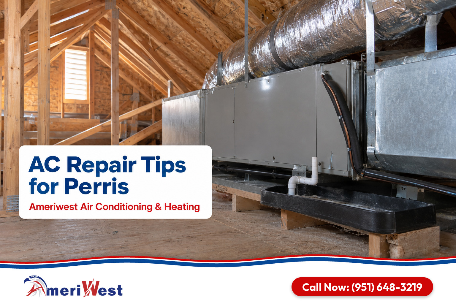 Air handler and ductwork in a tidy attic for AC repair in Perris by Ameriwest Air Conditioning & Heating