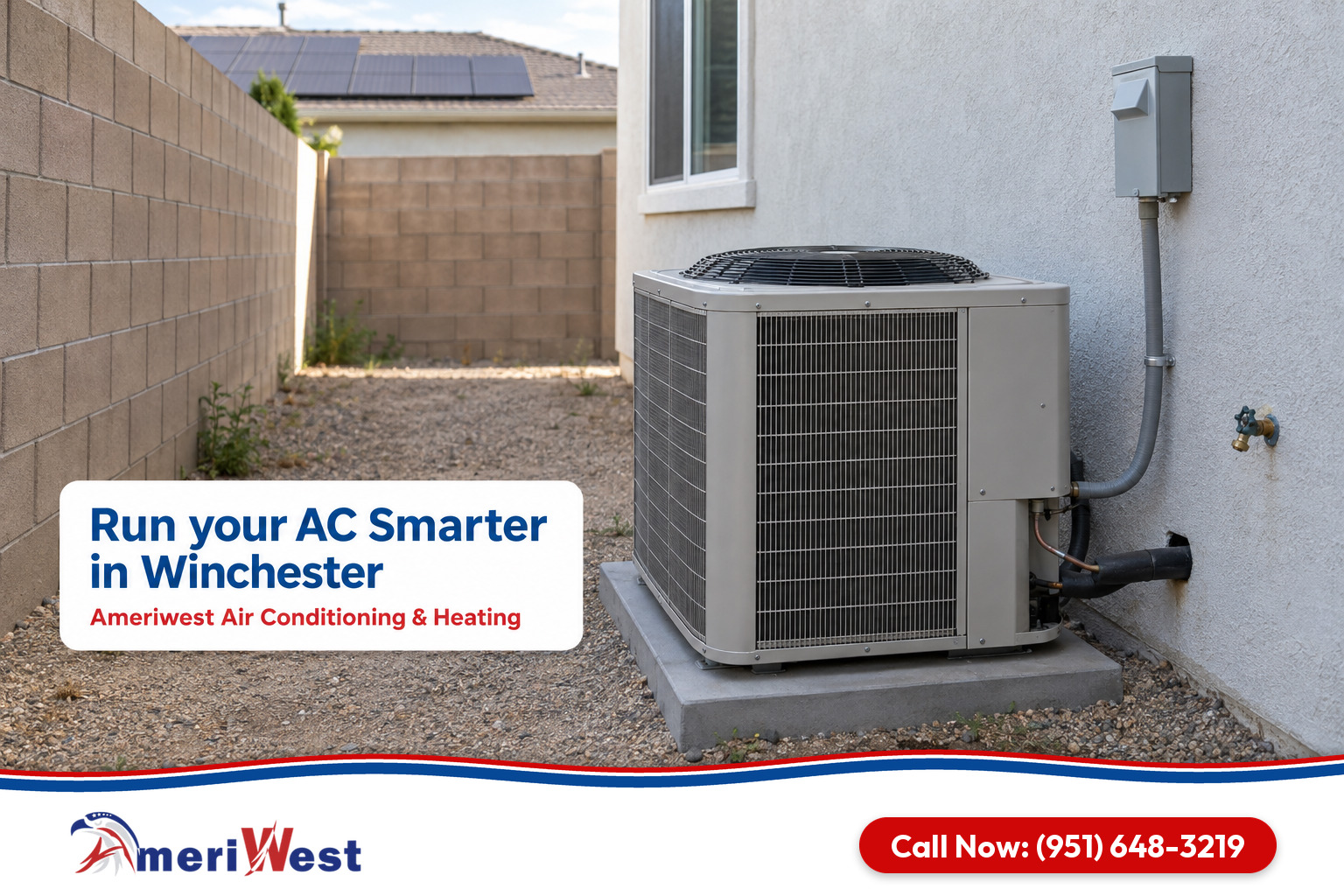 Air conditioner under a roof with solar panels in the side yard of a newer stucco home for AC repair in Winchester