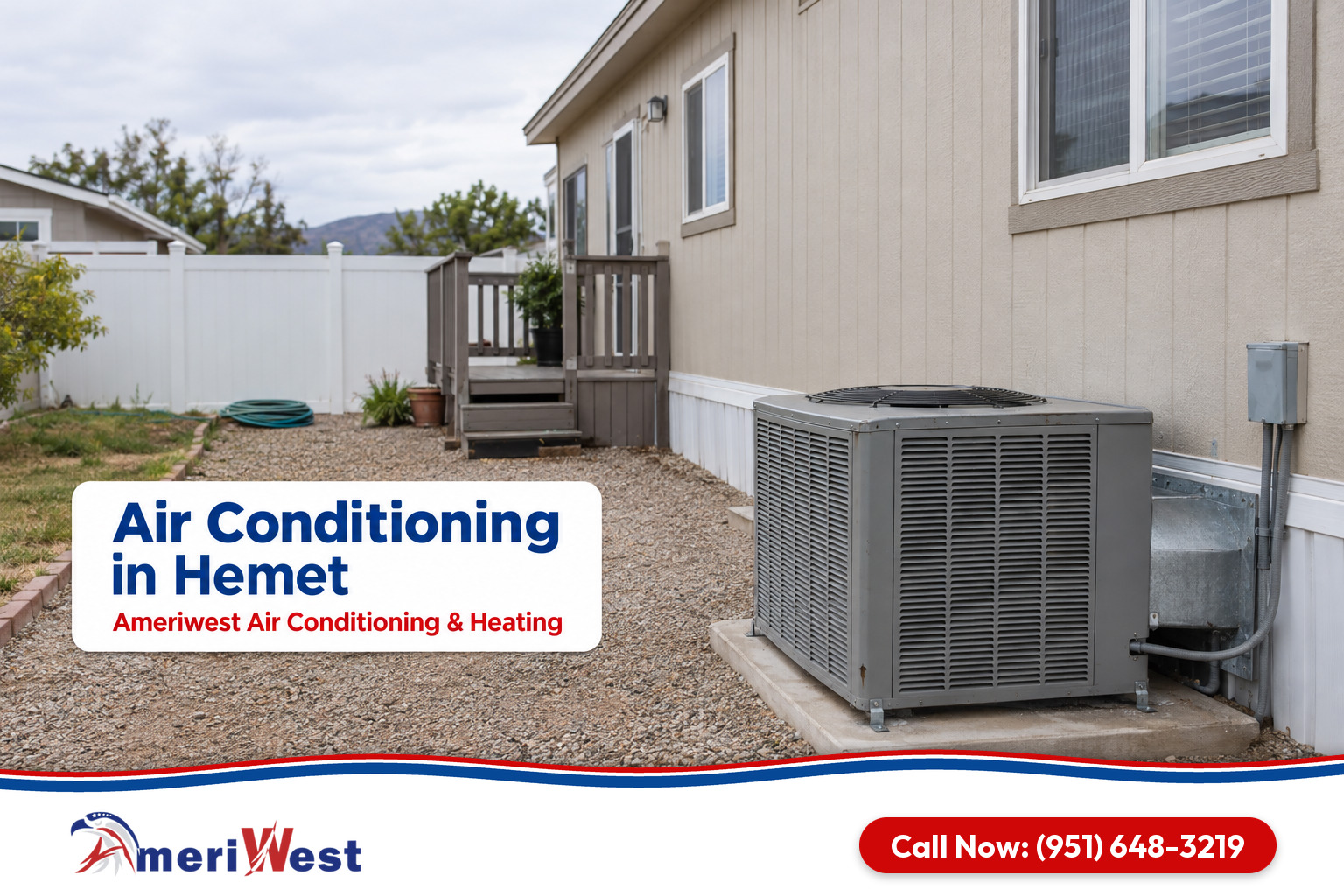 Package air conditioner beside a manufactured home at the back corner of a tract home with a white fence for air.