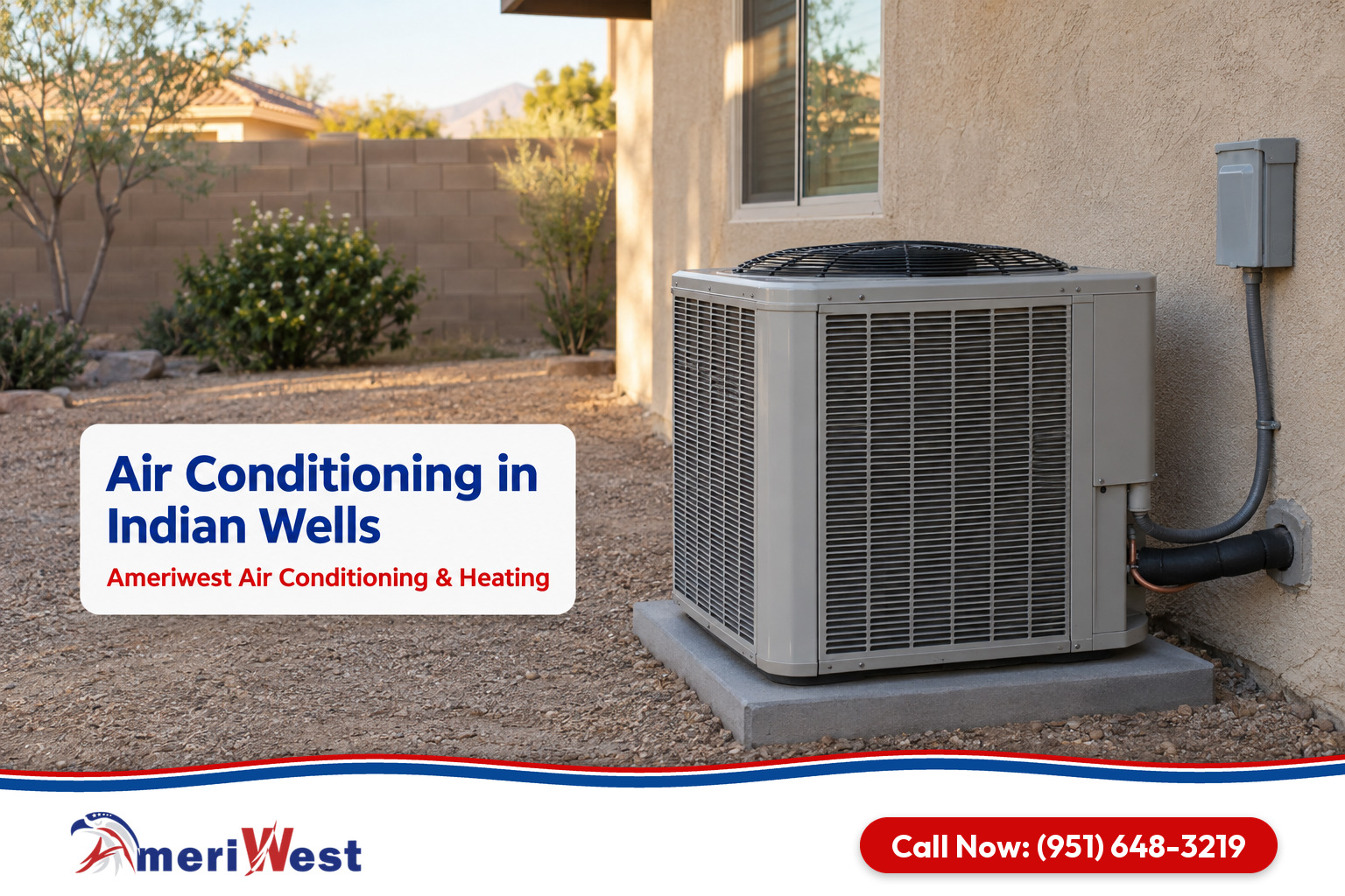 Outdoor air conditioner against a sand colored stucco wall in a desert neighborhood for air conditioning in Indian Wells