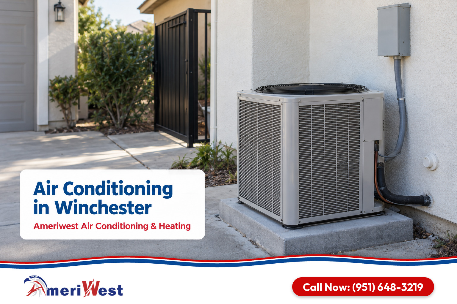 Outdoor air conditioner beside the garage wall of a modern home for air conditioning in Winchester