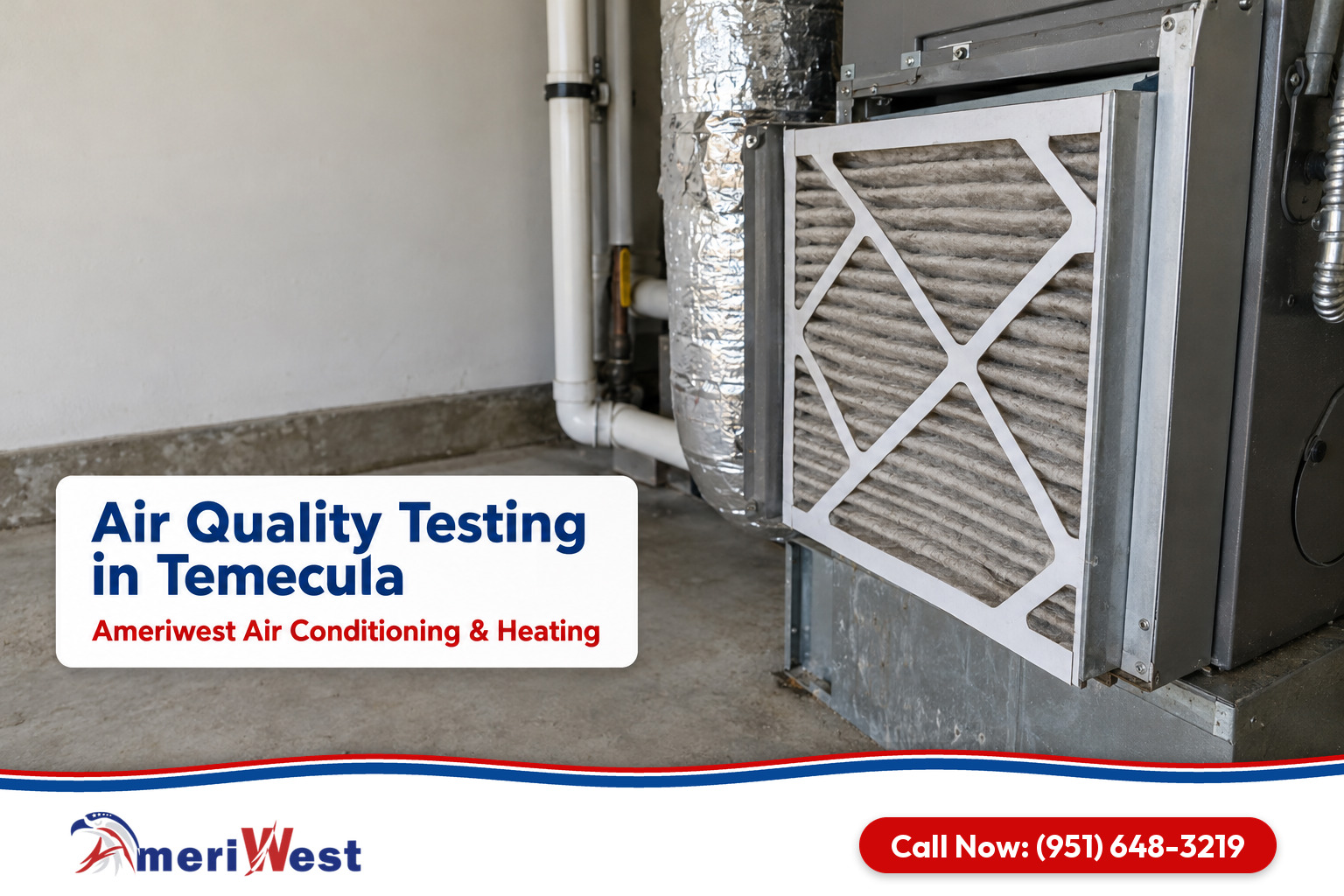 Pleated media filter slid out of a filter cabinet at the air handler for air quality testing in Temecula