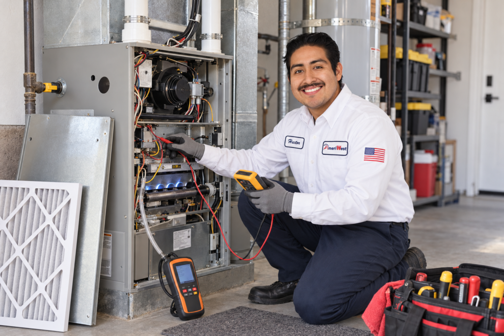 AmeriWest technician performing a furnace tune-up with professional diagnostic equipment.