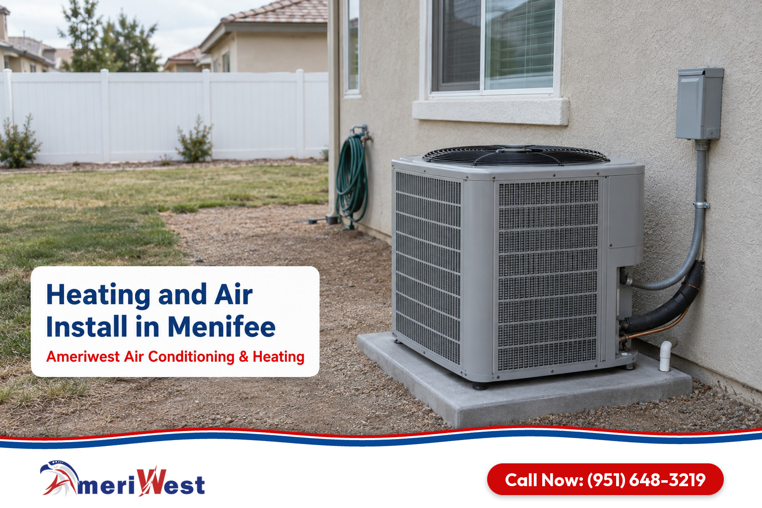 Newly installed air conditioner at the back corner of a tract home with a white fence for heating and air in Menifee