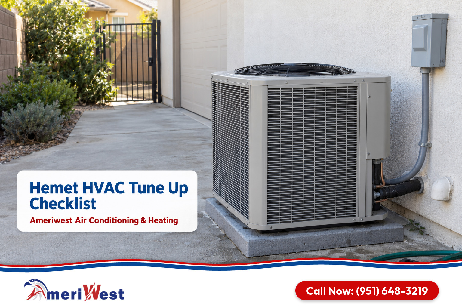 Air conditioner ready for a spring tune up beside the garage wall of a modern home for HVAC in Hemet