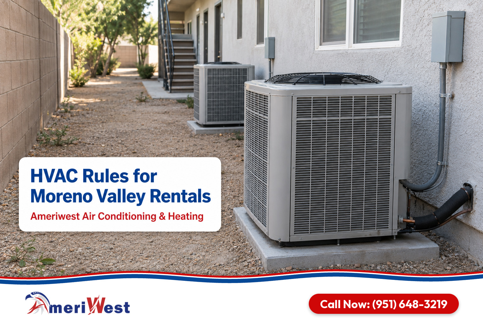 Air conditioners along the side of a multi unit building in the side yard of a newer stucco home for HVAC in Moreno Valley