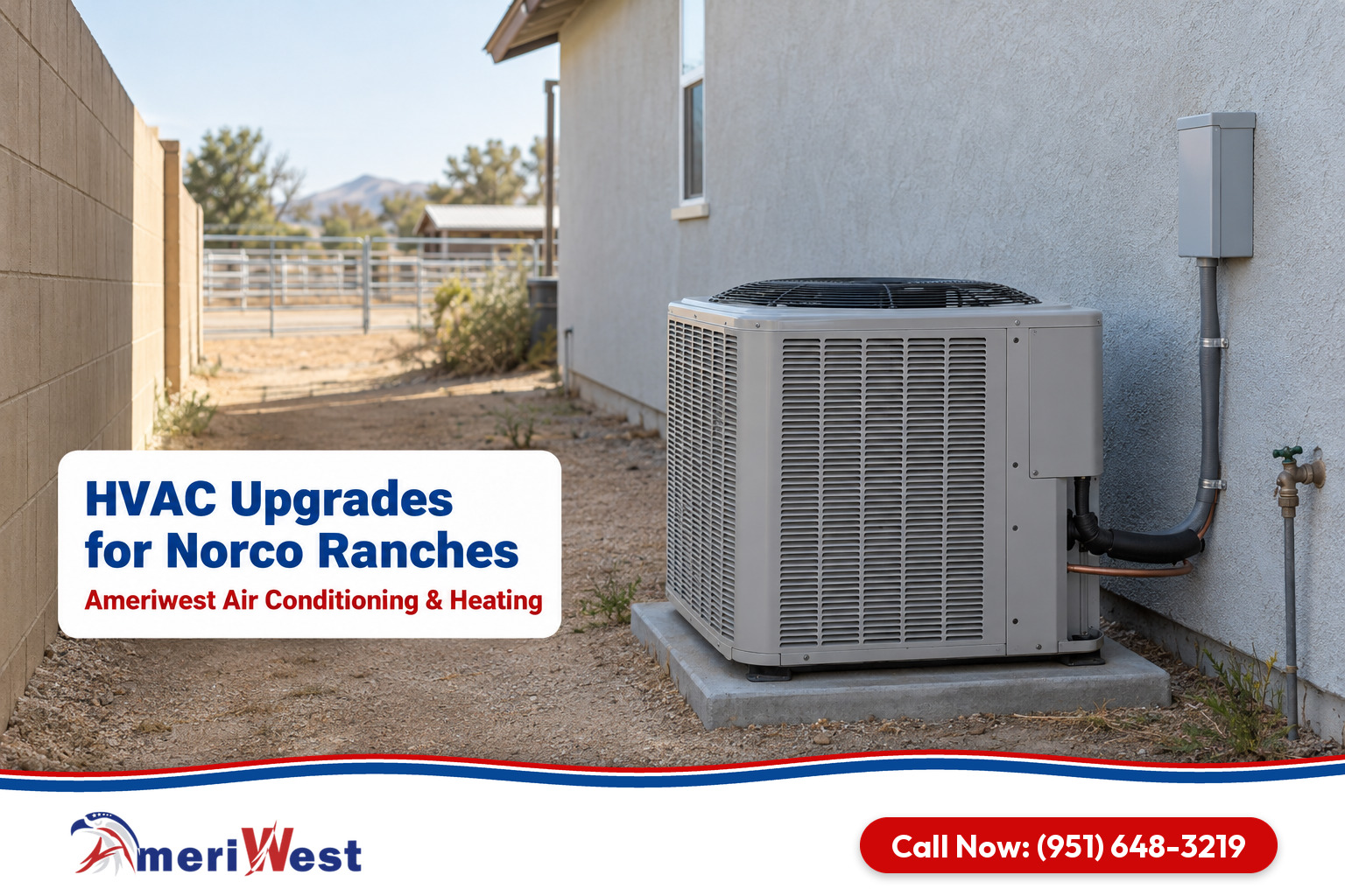 Air conditioner at a horse property in the side yard of a newer stucco home for HVAC in Norco