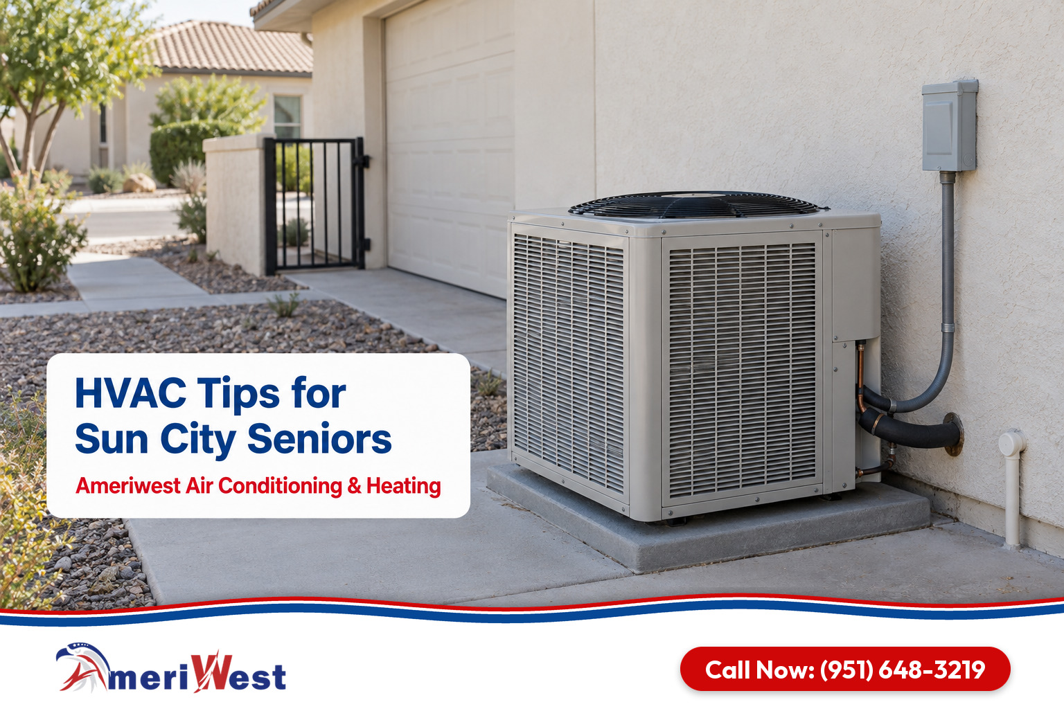 Air conditioner at a single story retirement community home beside the garage wall of a modern home for HVAC in Sun City