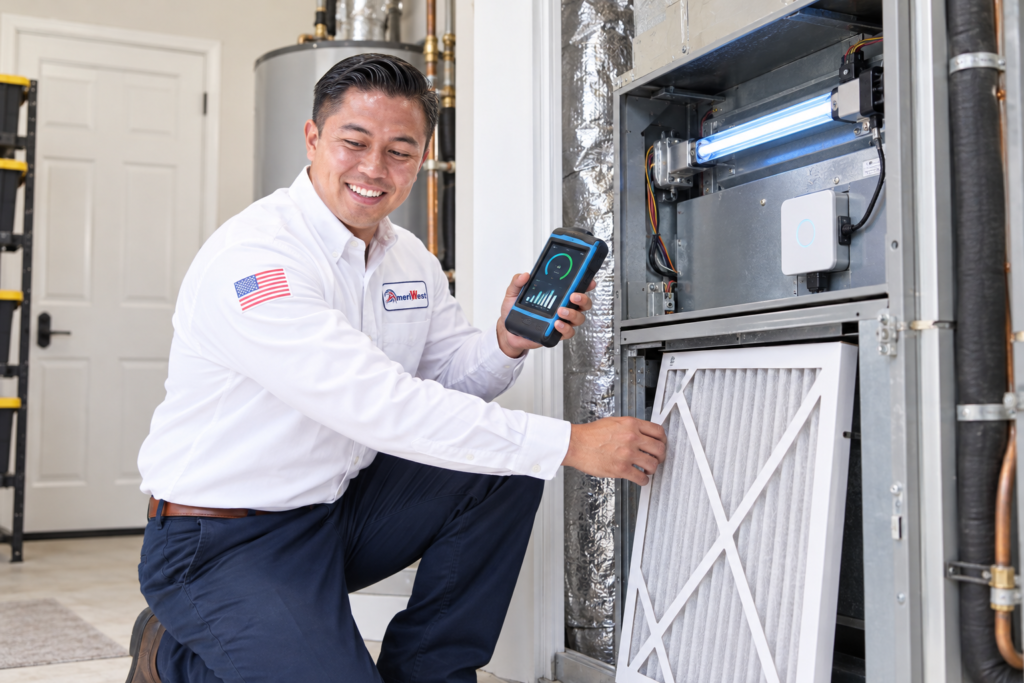 AmeriWest technician installing an air filter and inspecting an HVAC UV germicidal lamp.