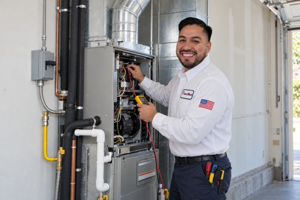 AmeriWest technician testing a newly installed residential HVAC system inside a Southern California home.