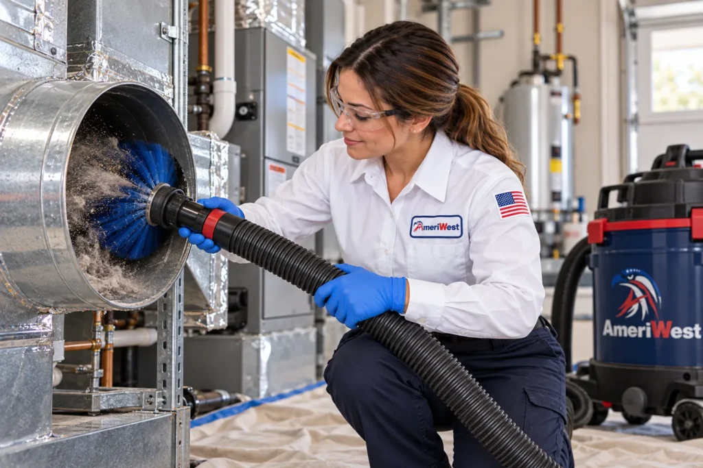 AmeriWest air duct cleaning technician using a rotary brush and vacuum hose to remove dust and debris from residential ductwork.