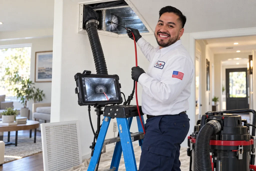 AmeriWest technician inspecting ductwork with a camera while cleaning the interior using a rotary brush and vacuum equipment.