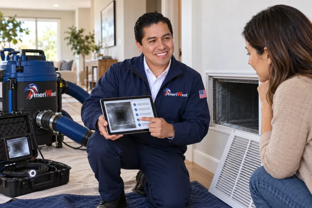 AmeriWest professional reviewing air duct inspection findings and the proposed cleaning scope with a Riverside County homeowner.