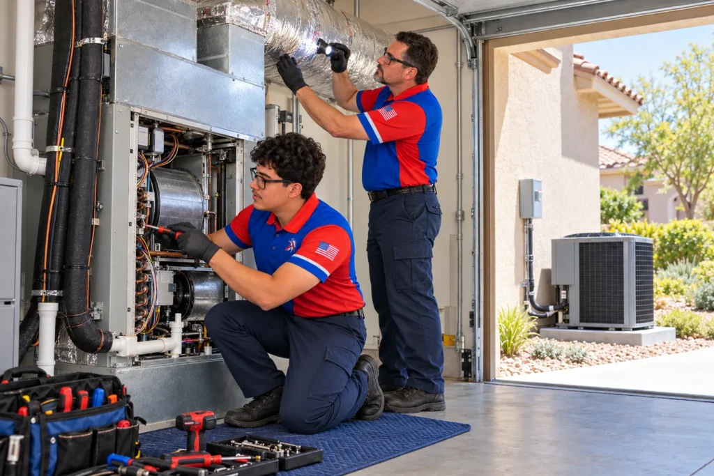 AmeriWest technicians installing an indoor air handler and inspecting ductwork, with a new outdoor heat pump visible at a Riverside County home.