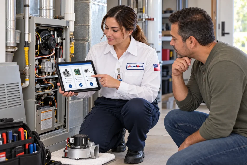 AmeriWest HVAC technician explaining furnace repair options to a Riverside County homeowner beside the diagnosed heating system.