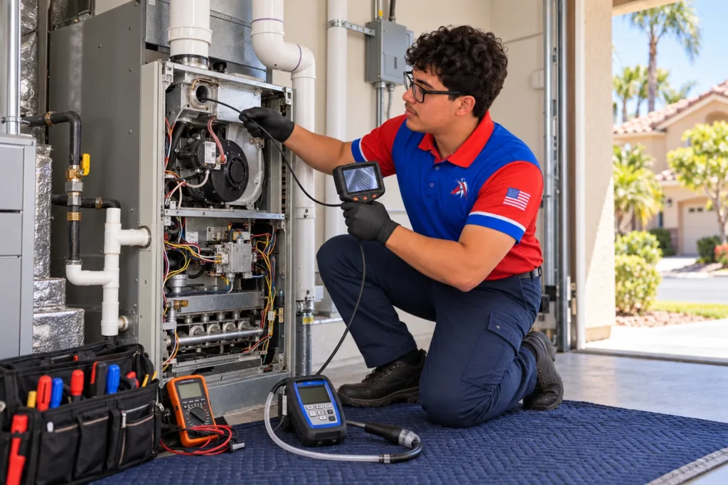 AmeriWest technician inspecting a furnace heat exchanger with a camera, with vent piping and safety controls visible.