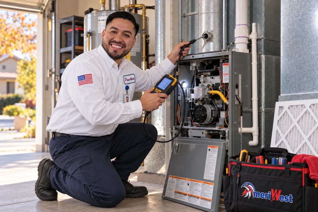 AmeriWest HVAC technician inspecting and testing a home furnace before winter in Riverside County.