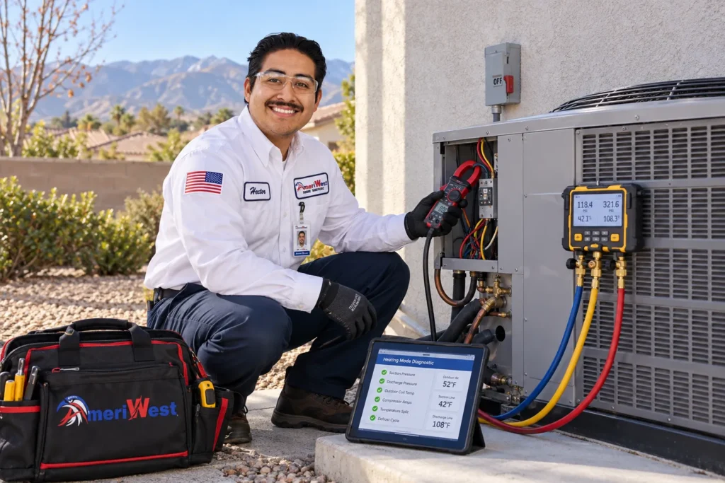 AmeriWest HVAC technician diagnosing a faulty residential heat pump at a Riverside County home.