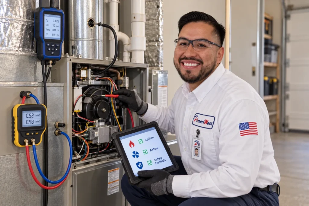 AmeriWest HVAC technician testing furnace ignition, airflow, and heating safety controls in a Riverside County home.