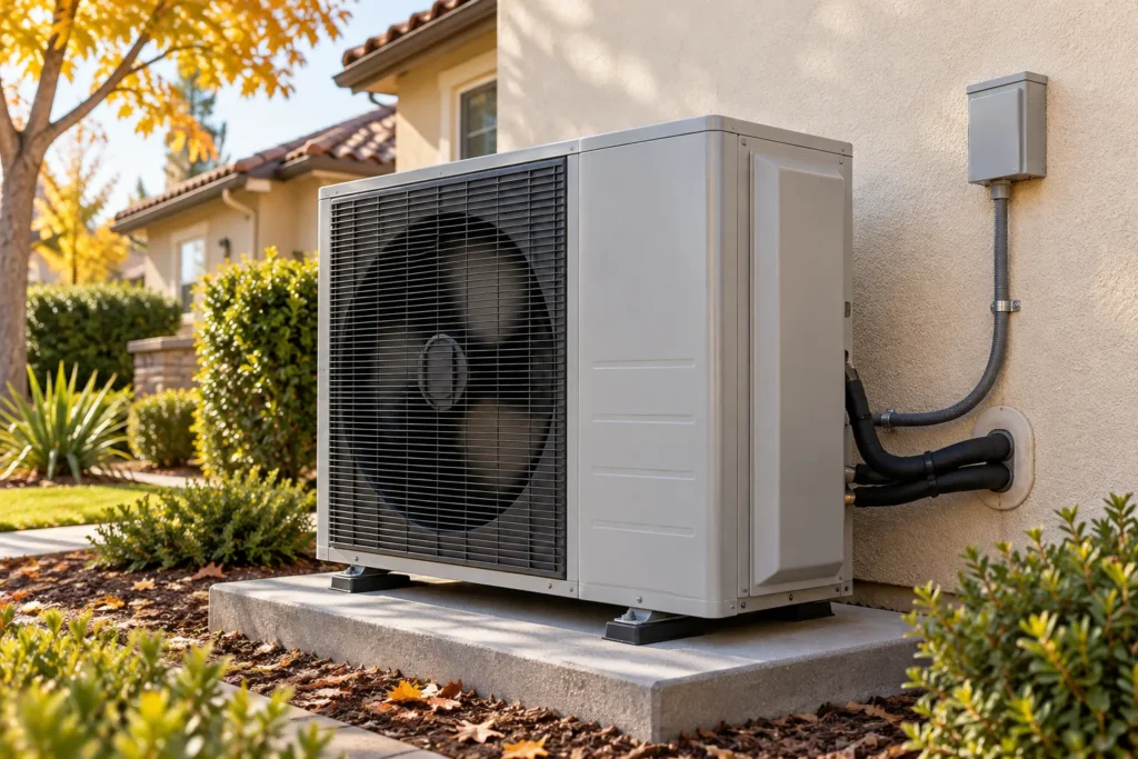 Modern outdoor heat pump beside a stucco suburban home with golden autumn foliage in Riverside County.