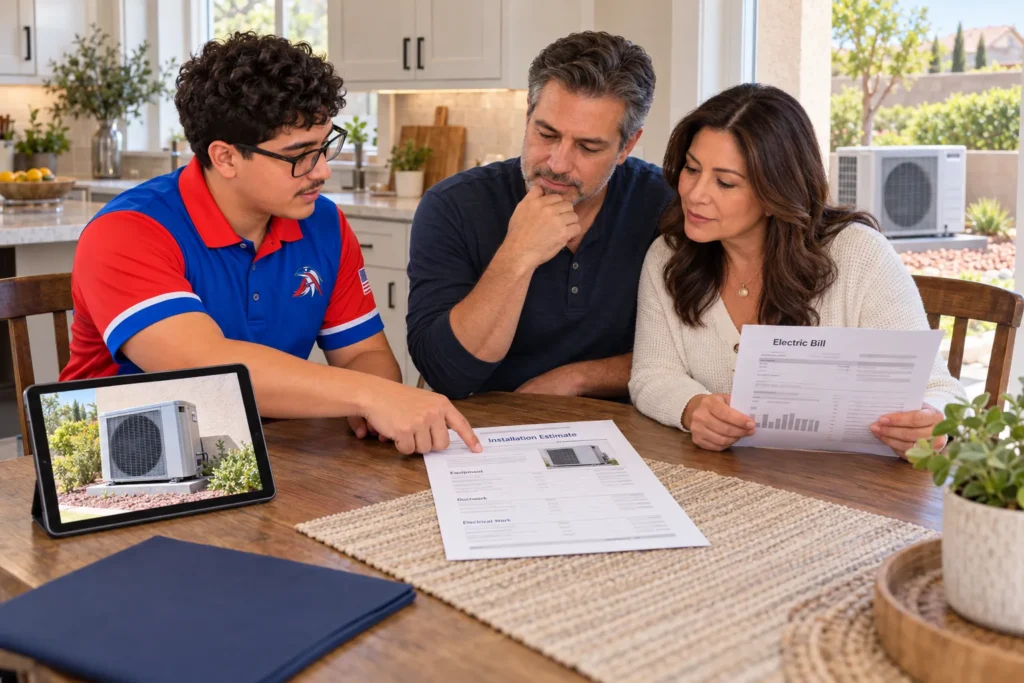 AmeriWest technician reviewing a heat pump installation estimate and electric bill with Riverside County homeowners.