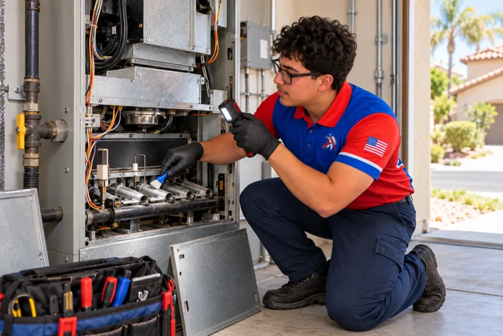 AmeriWest technician cleaning furnace burners and inspecting the igniter and flame sensor in a Riverside County home.