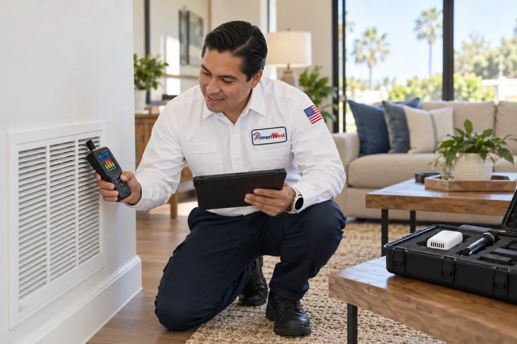AmeriWest technician measuring indoor air quality near a return vent with a professional monitor.