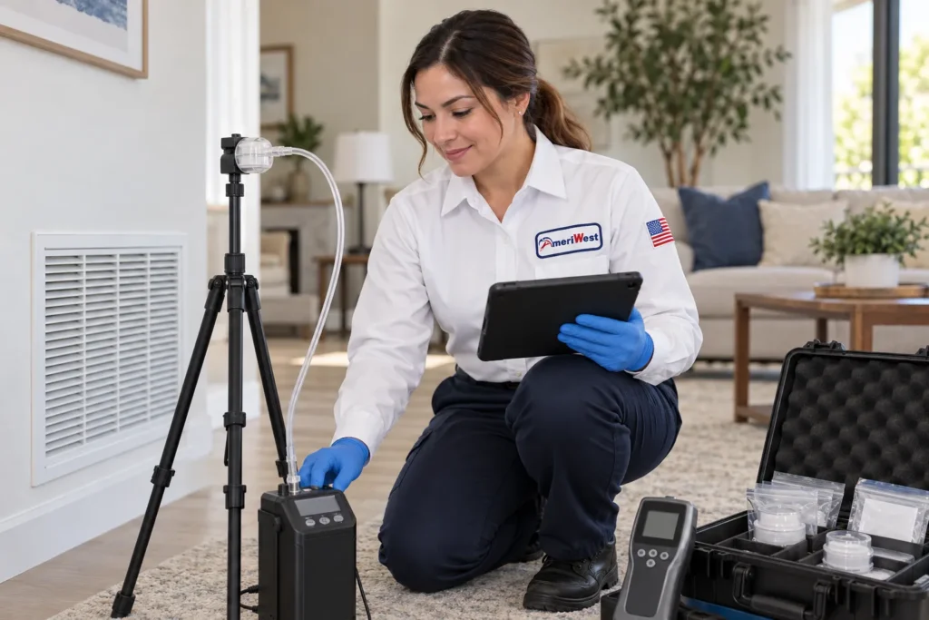 AmeriWest technician collecting an indoor air sample for specialized laboratory testing.
