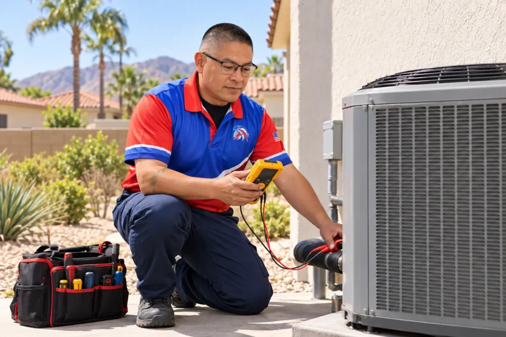 AmeriWest technician checking an outdoor HVAC system at a Riverside County home using professional diagnostic equipment.