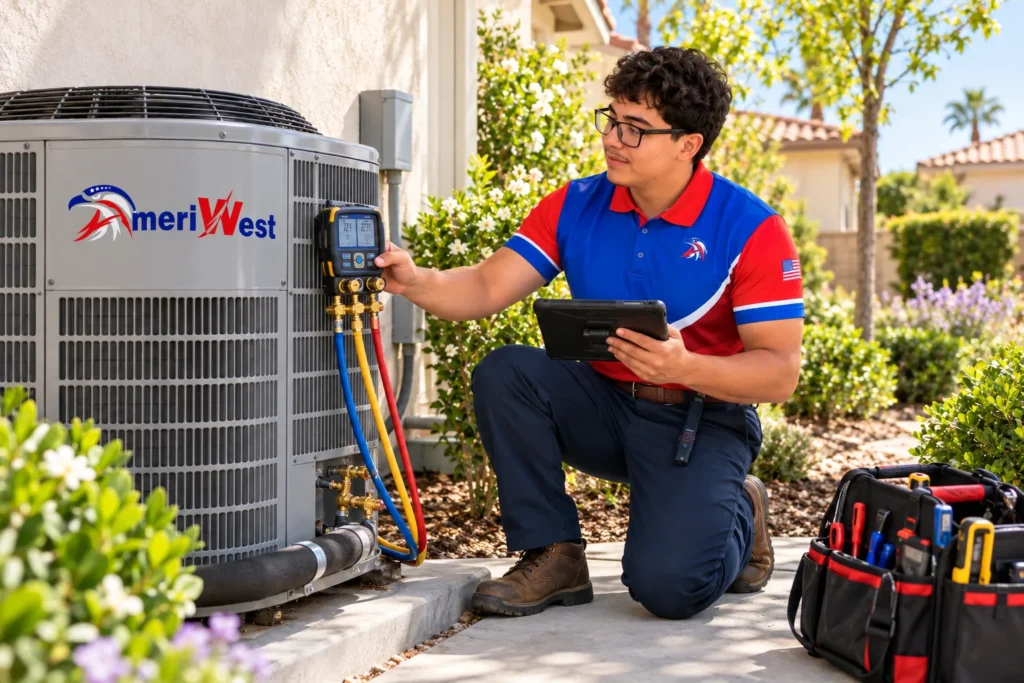 AmeriWest HVAC technician performing a spring AC tune up on an outdoor air conditioning unit in Riverside County.