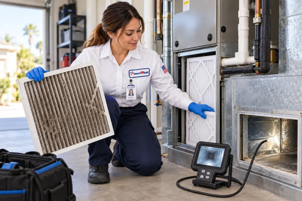AmeriWest HVAC technician inspecting home air ducts and replacing a dirty furnace filter in Riverside County.