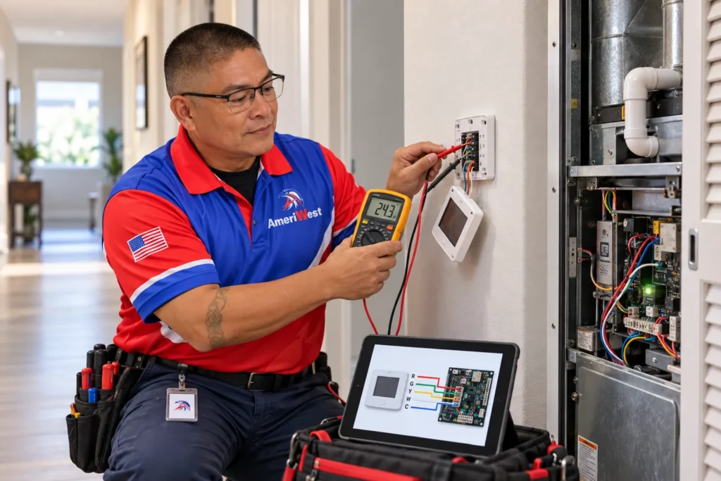 AmeriWest HVAC technician troubleshooting a faulty thermostat and furnace electrical controls in a Riverside County home.
