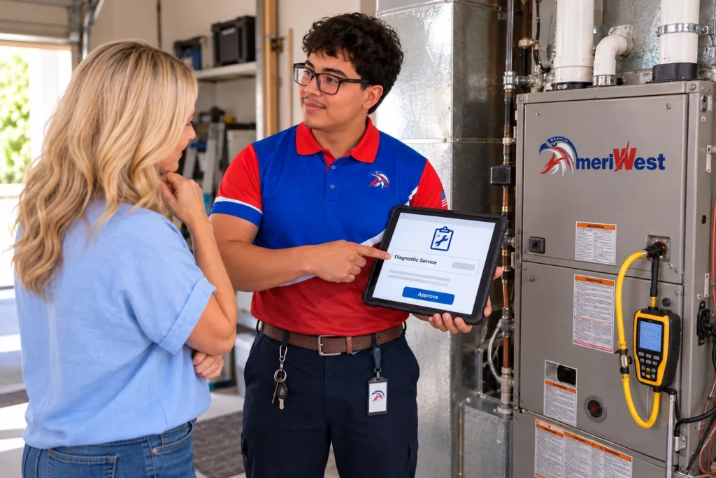 AmeriWest HVAC technician inspecting a home heating system and explaining the diagnostic service cost to a Riverside County homeowner.