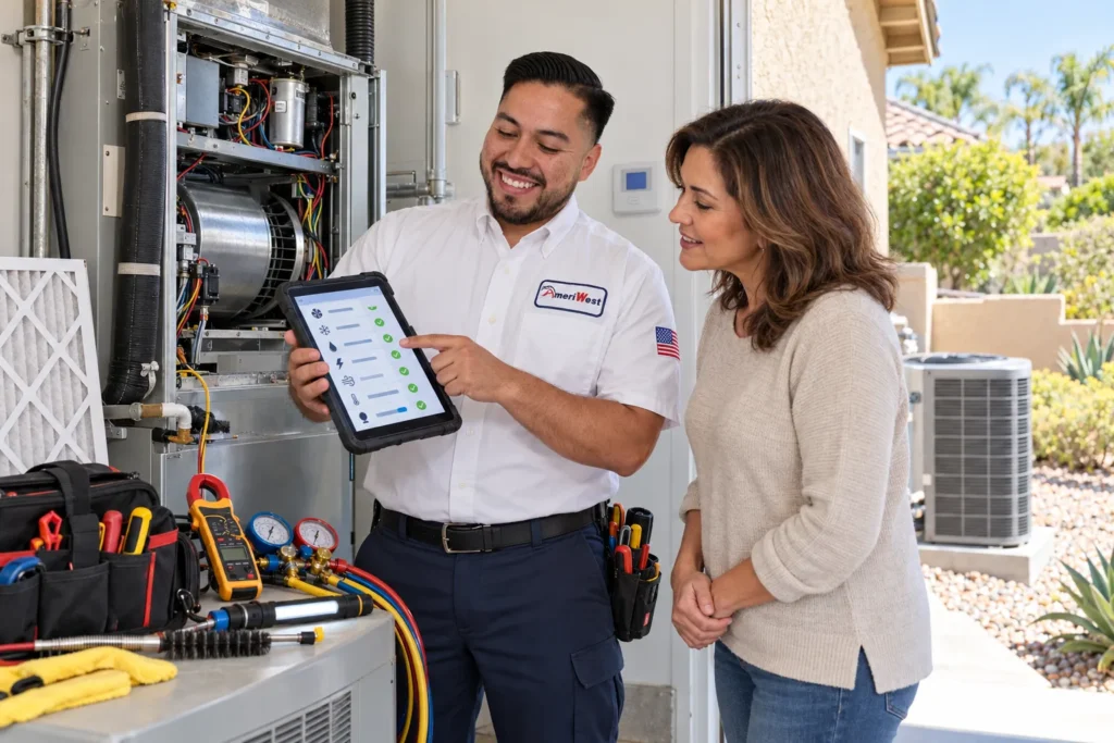 AmeriWest technician reviews an AC maintenance checklist with a Riverside County homeowner.