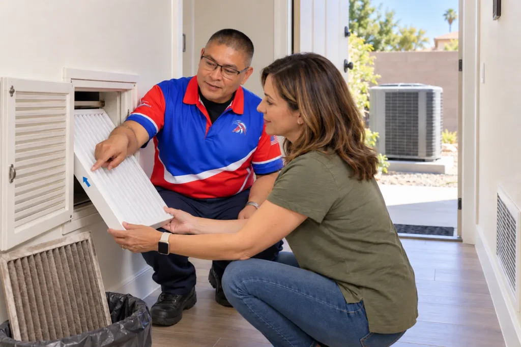 AmeriWest technician teaches a Riverside County homeowner how to replace an AC filter.