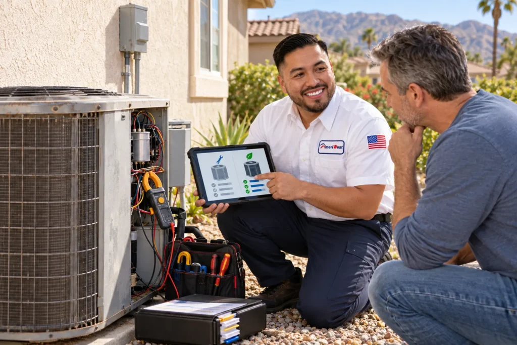 AmeriWest technician reviews AC repair and replacement options with a Riverside County homeowner.