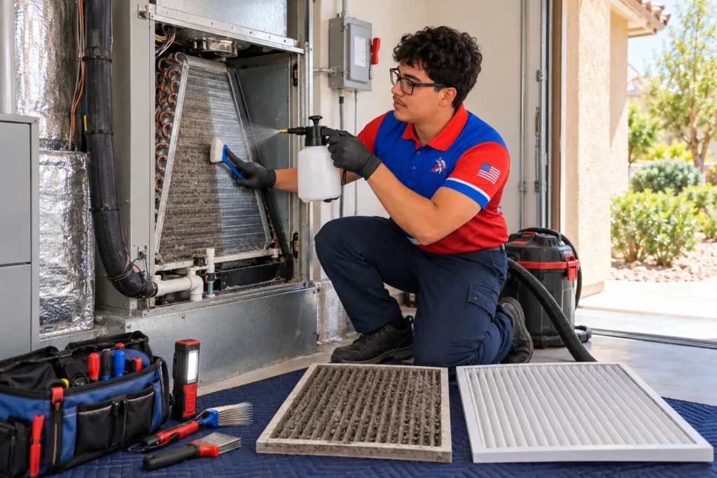 AmeriWest technician cleans a dusty AC coil and checks a clogged air filter in Riverside County.