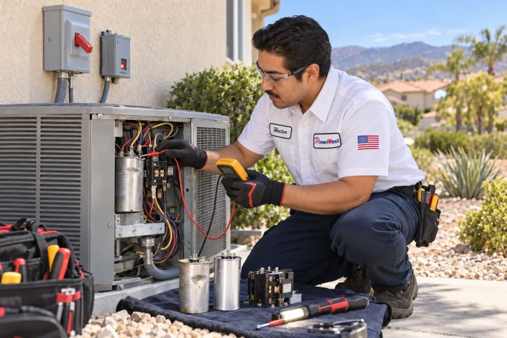 AmeriWest technician tests an AC capacitor and contactor for surge damage in Riverside County.