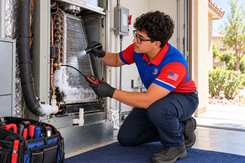 AmeriWest HVAC technician inspecting frozen AC coils and checking refrigerant connections for leaks in a Riverside County home.