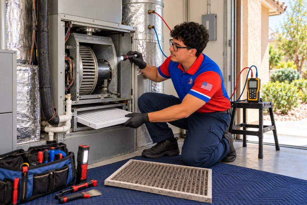AmeriWest technician inspecting a furnace blower and replacing an air filter, with duct airflow testing equipment nearby.
