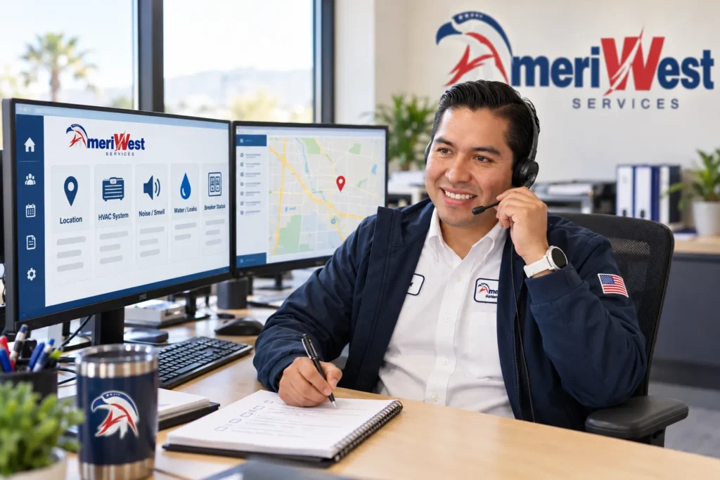 AmeriWest dispatcher gathering HVAC problem details from a Riverside County homeowner by phone.