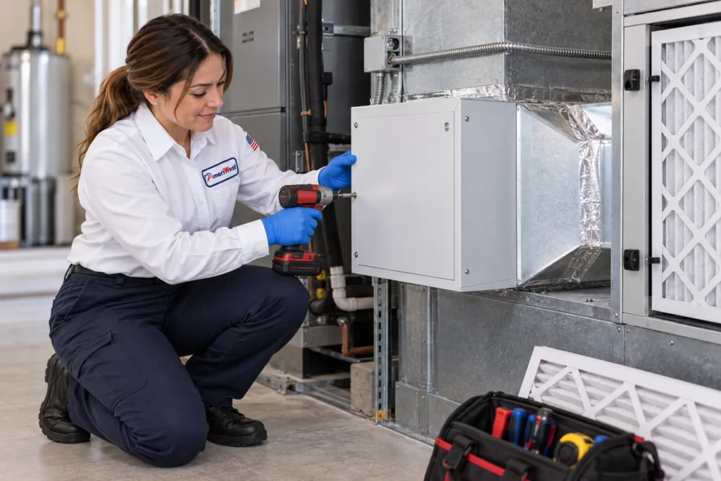 AmeriWest technician installing a whole-house air purifier into a residential HVAC duct system.