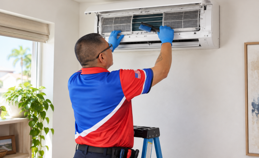 AmeriWest Services technician cleaning the filters and inspecting a wall-mounted ductless air conditioner.