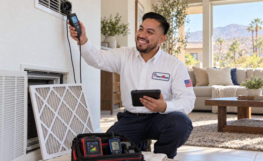 AmeriWest technician testing airflow and inspecting an HVAC filter during an indoor air quality assessment in Riverside County, California.